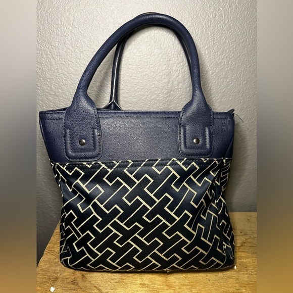 Tommy Hilfiger Purse Navy Beige Canvas Fabric Faux Leather Trim Handbag Tote - Picture 4 of 6
